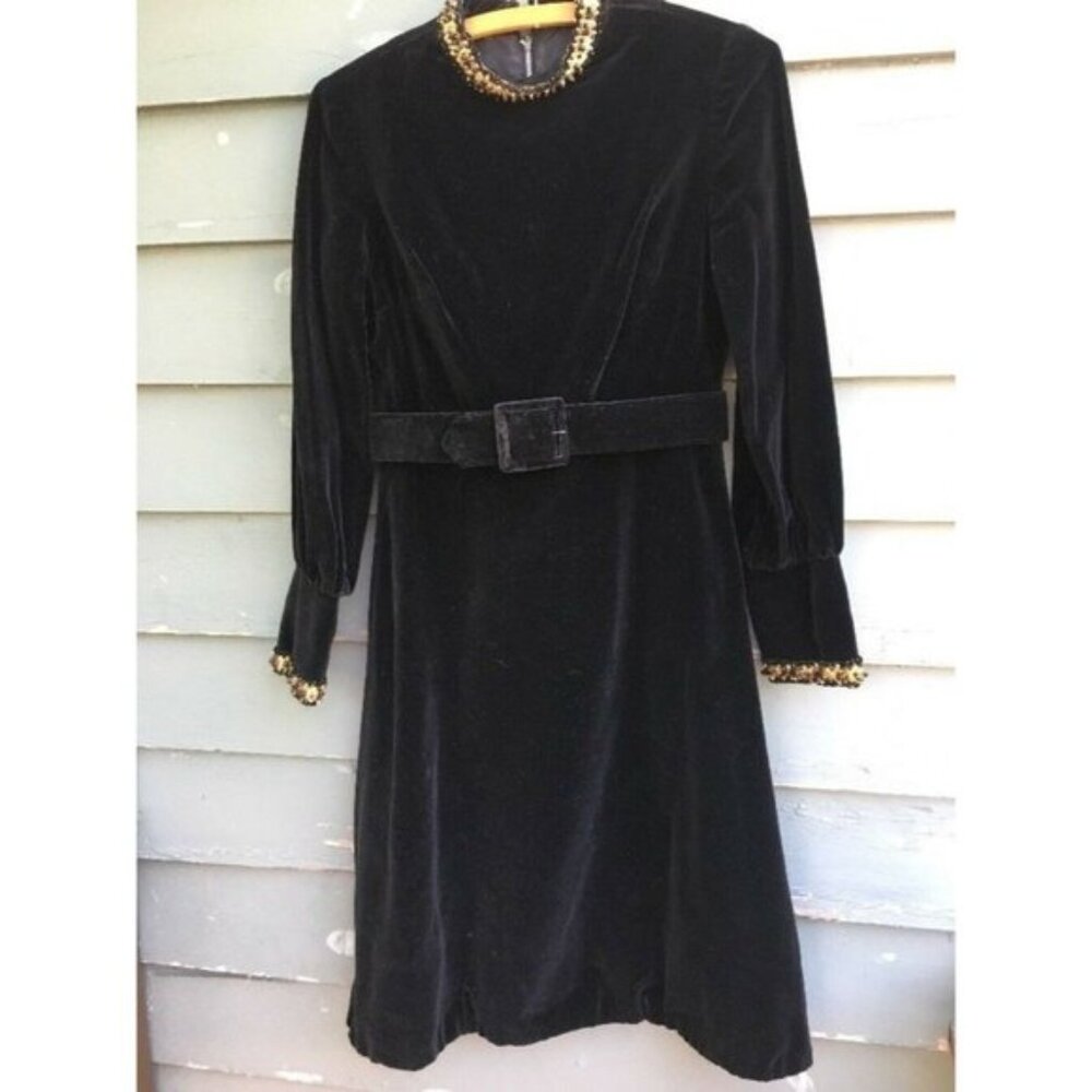 Vintage Black Velvet Dress Goth Victorian Party with Belt Beaded Trim High Neck